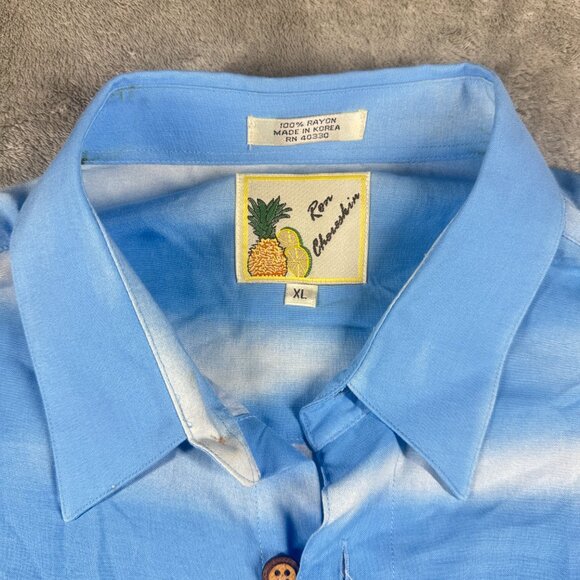 Ron Chereskin Hawaiian Rayon Shirt XL Blue Palm Trees Surf Cars Retro Beach - Picture 3 of 10
